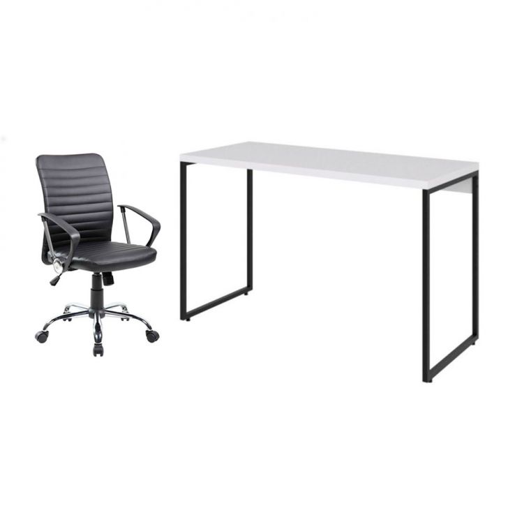 Conjunto de Mesa Studio Branca 120 cm com Cadeira de Escritório Diretor Giratória Oslo Preta