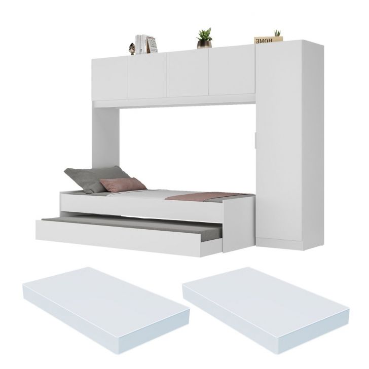 Bicama de Solteiro com Colchão e Guarda Roupa Dublin Multimóveis MP4036 Branca