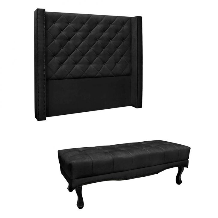 Conjunto de Cabeceira Solteiro com Recamier Vicenza Suede Preto