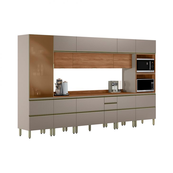 Cozinha Completa com Vidro Reflecta Proença 12 Portas 9 Gavetas Bege e Nogueira