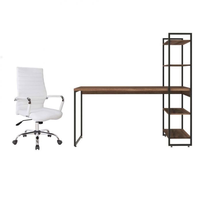 Conjunto de Mesa Studio com Estante Nogal e Preta 146 cm com Cadeira de Escritório Diretor Giratória Cleaner Branca