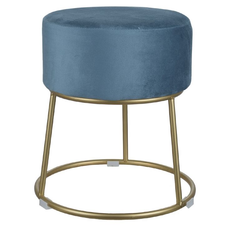 Puff Decorativo Veludo Azul Com Metal Dourado - D'Rossi