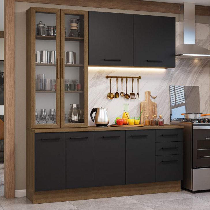 Armário de Cozinha Completa 190cm com Cristaleira Rustic/Preto Agata Madesa 01