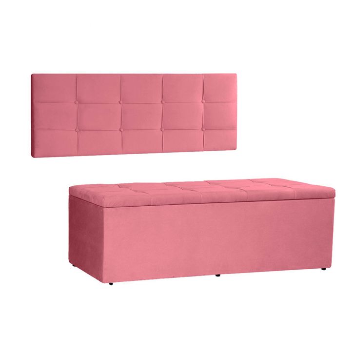 Kit Painel e Calçadeira Baú Queen 1,60m Roma Suede Rosa - Pallazio