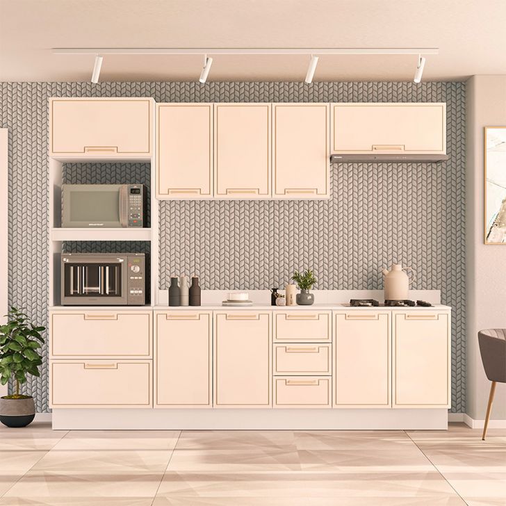 Image of Cozinha Completa Com Tampo E Rodapé Amara 10 Portas 4 Gavetas Creme E Branca PLA-MO895CL31PUQMOB