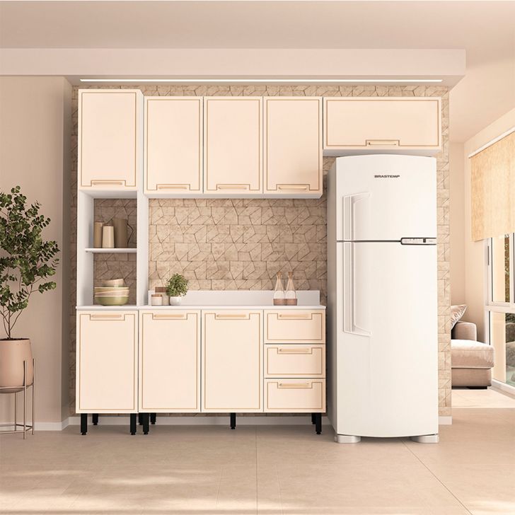 Image of Cozinha Completa Com Tampo Amara 8 Portas 3 Gavetas Creme E Branca PLA-MO895CL31PYMMOB