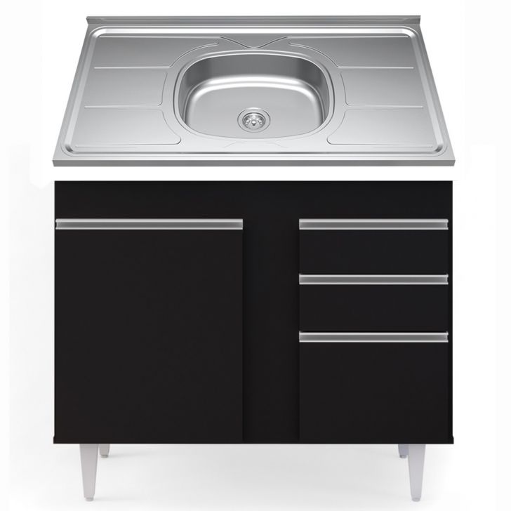 Balcão Gabinete Com Pia Inox 100cm 2 Portas 2 Gavetas Luziania Preto - Lumil Móveis
