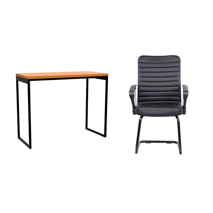 Conjunto de Mesa Stanford Carvalho com Cadeira de Escritório Interlocutor Fixa Oslo Preta