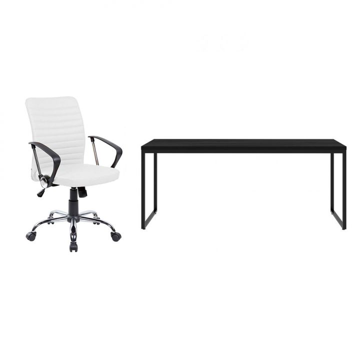 Conjunto de Mesa Studio Preta 180 cm com Cadeira de Escritório Diretor Giratória Oslo Branca