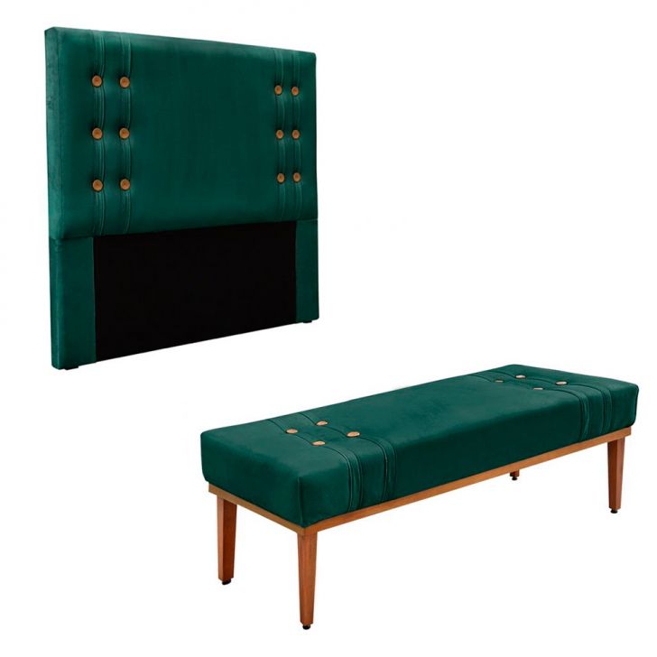 Conjunto de Cabeceira Queen com Recamier Gênova Veludo Verde