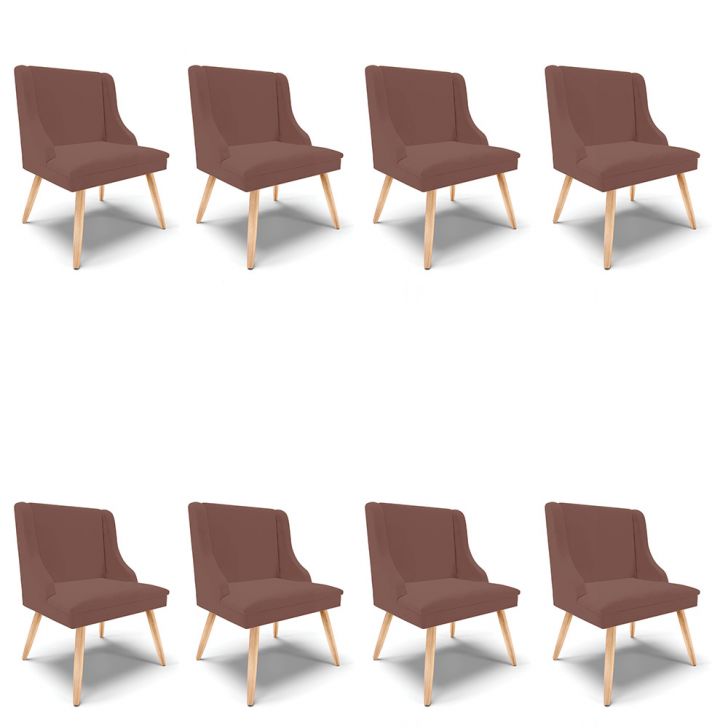 Kit 08 Cadeiras de Jantar Liz Veludo Rosê Pés Palito Natural - D'Rossi