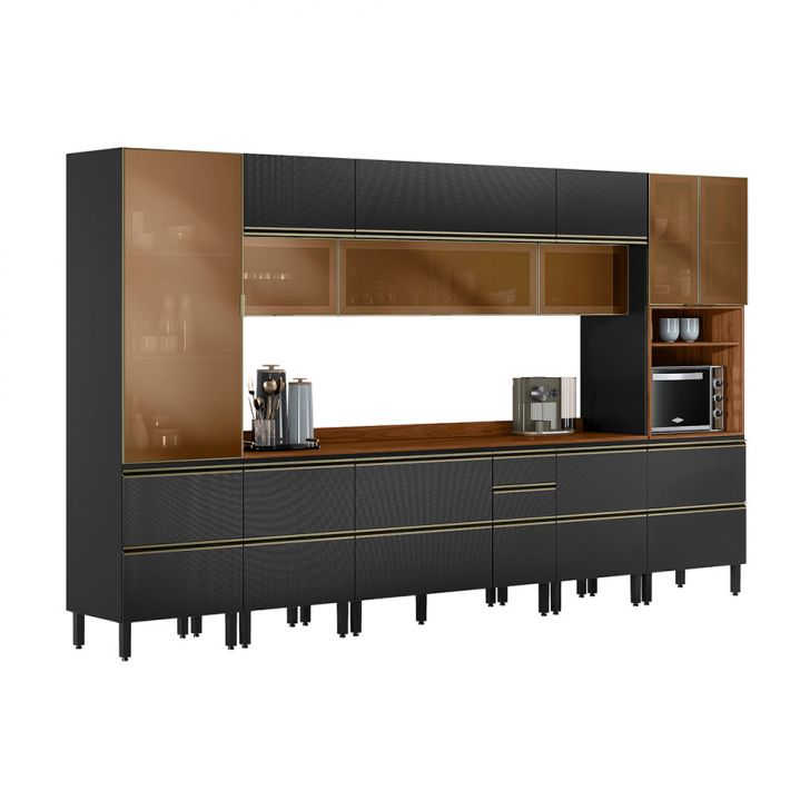 Cozinha Completa com 6 Vidros Reflecta Proença 12 Portas 10 Gavetas Carbono e Nogueira