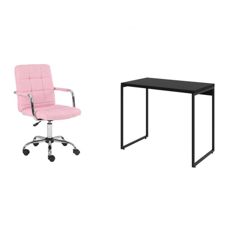 Conjunto de Mesa Studio Preta com Cadeira de Escritório Secretária Giratória Fitz Rosa