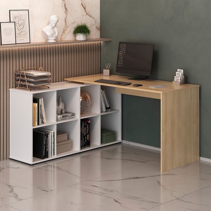 Mesa de Escritório em L Nero Carvalho e Branca