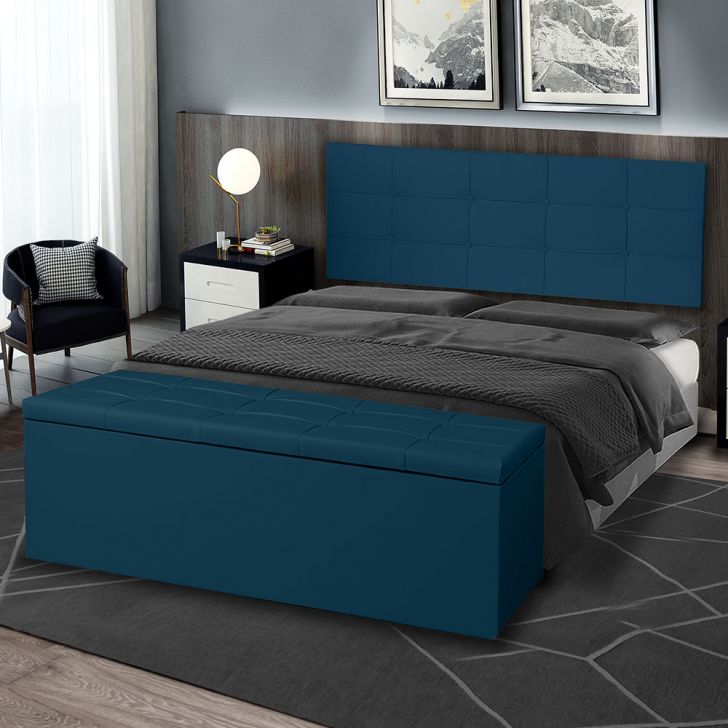 Kit Painel e Calçadeira Baú Roma Casal Queen 160cm Suede Azul - Montanaris Decor
