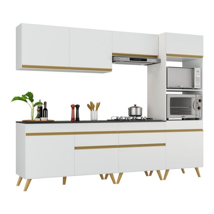 Armário de Cozinha Completa 252cm Veneza Multimóveis V3713 Branco/Dourado