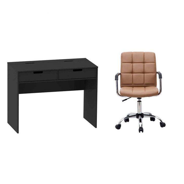 Conjunto de Mesa New Preta com Cadeira de Escritório Secretária Giratória Fitz Marrom