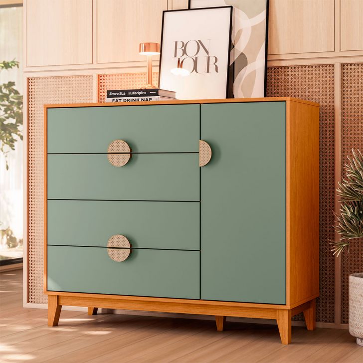 Cômoda Ipê 1 Porta 4 Gavetas Cinamomo e Sálvia