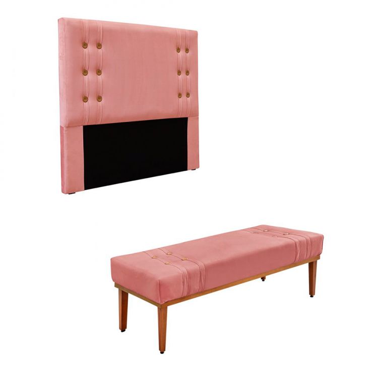 Conjunto de Cabeceira King com Recamier Gênova Veludo Rosa