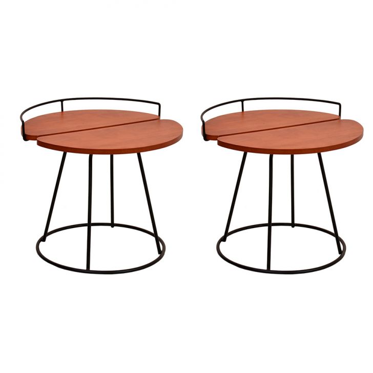 Conjunto com 2 Mesas Laterais Redondas Bordeaux Amêndoa e Preto