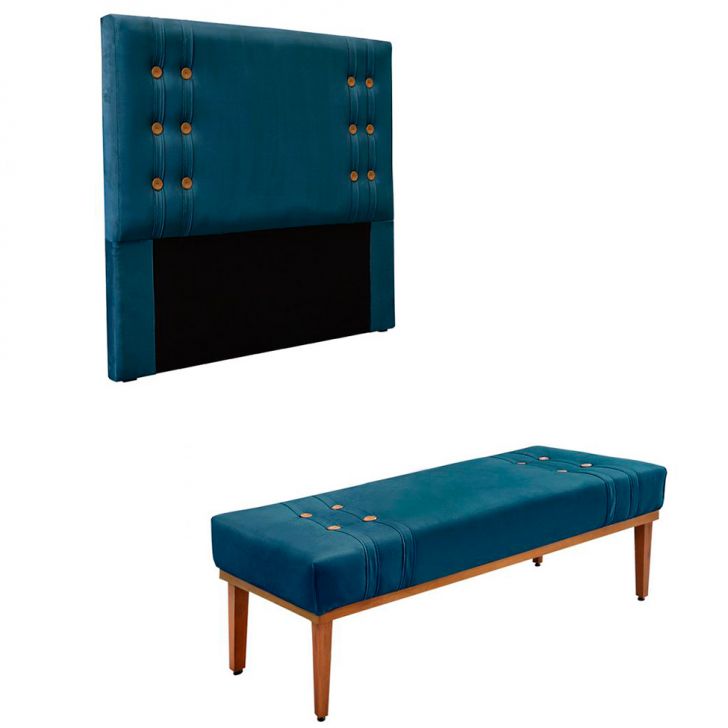 Conjunto de Cabeceira Solteiro com Recamier Gênova Veludo Azul Marinho
