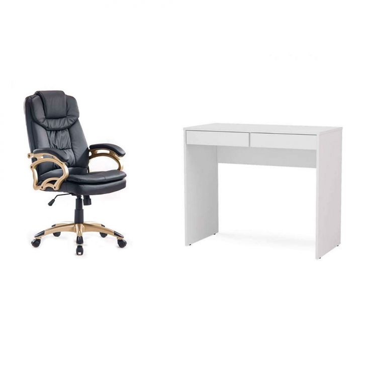 Conjunto de Mesa Mendes Branca 2 GV com Cadeira de Escritório Presidente Giratória com Relax Clark Preta e Dourada