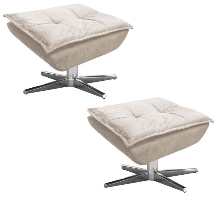 Kit 2 Puffs Decorativos Sala de Estar Giratória Cromada Opla Suede Bege - Ibiza