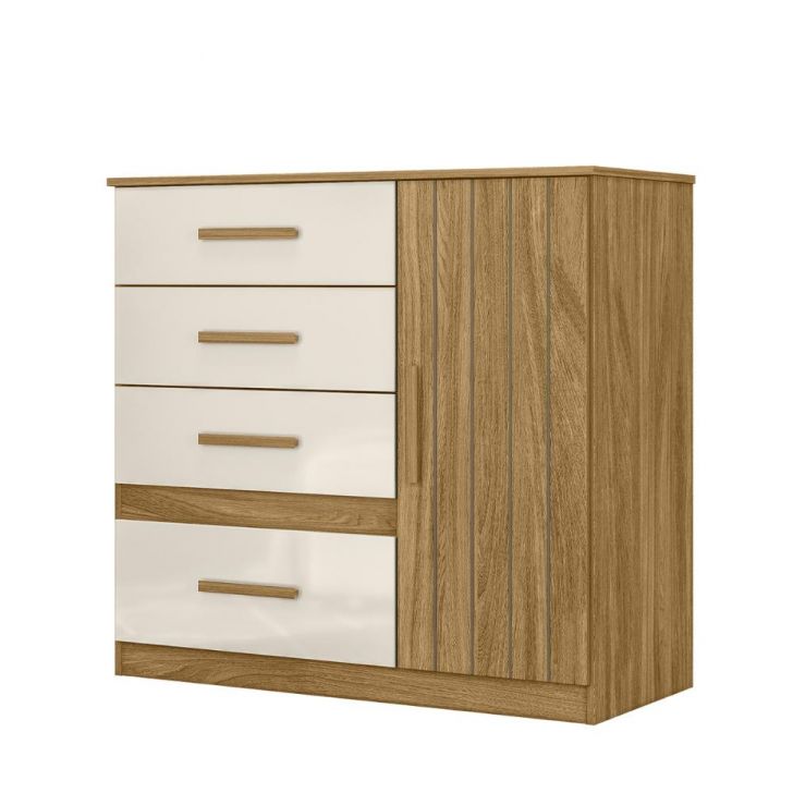 Comoda Venus Quarto com 4 Gavetas e 1 Porta Freijo/Off White/Frisado
