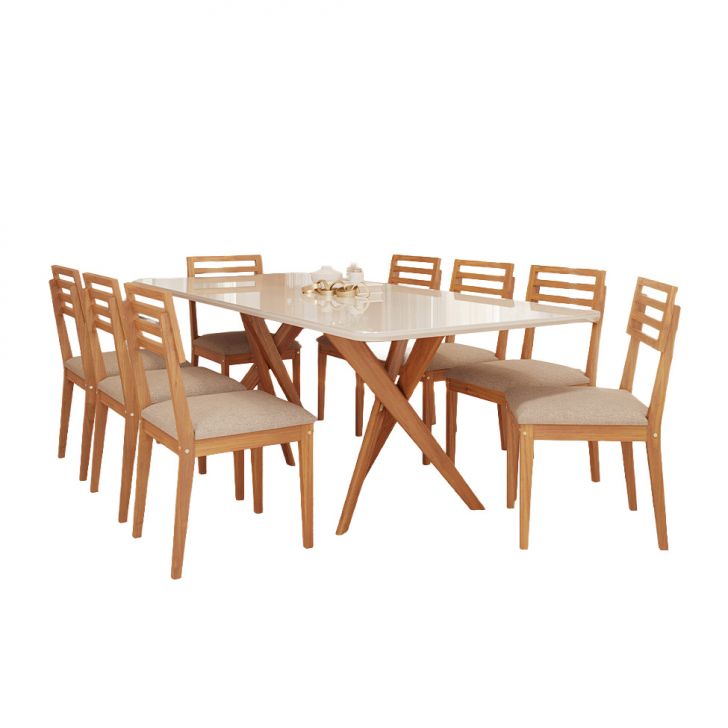 Conjunto De Mesa Retangular Com Tampo De Vidro Off White Cacau E 8 Cadeiras Juparanã Linho Grafite E Cinamomo