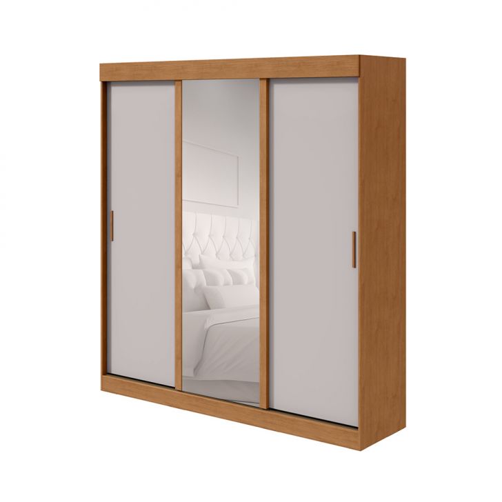 Guarda-roupa Casal Com 1 Espelho Saion Sem Pés 3 Portas 3 Gavetas Amêndoa E Off White