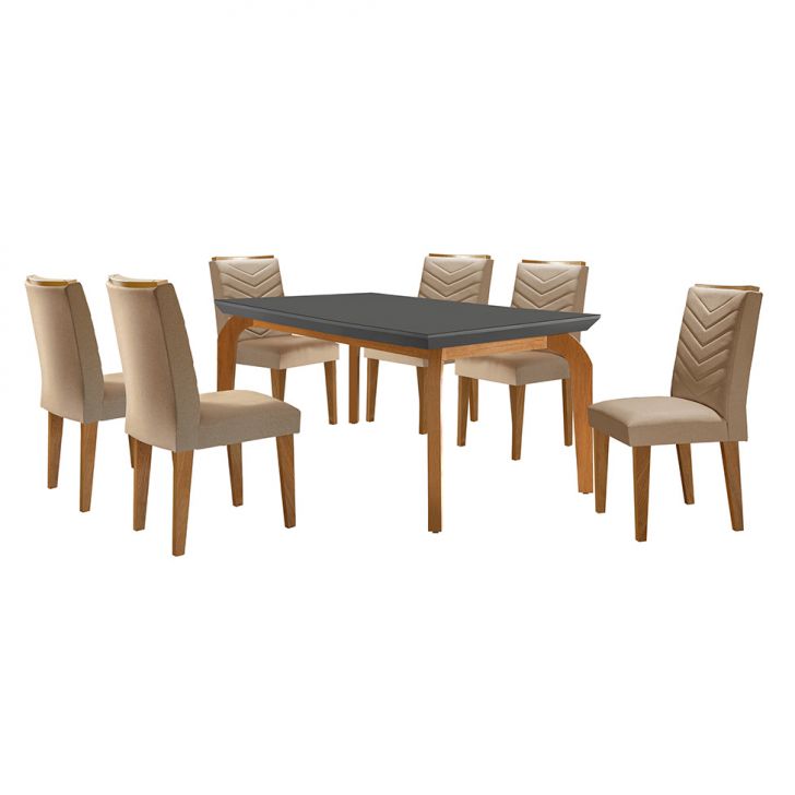 Conjunto De Mesa De Jantar Retangular Com Tampo De Vidro Grafite E 6 Cadeiras Turquesa Linho Bege E Imbuia