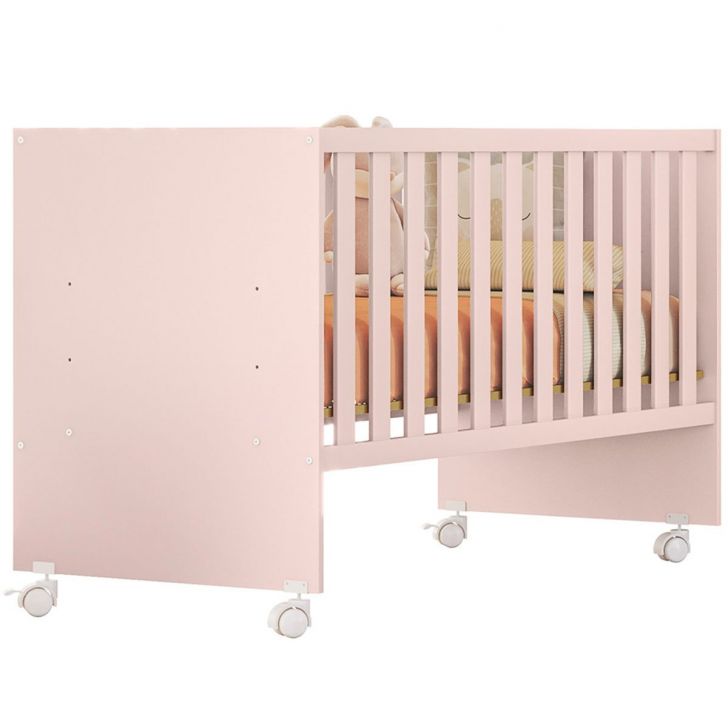 Berço Infantil Reto com Rodizíos MDP Doce Mel Rosa