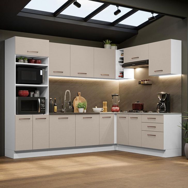 Armário de Cozinha Completa de Canto 479cm Branco/Crema Agata Madesa 01