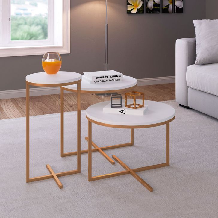 Conjunto com 3 Mesas Redondas Volpi Branco e Dourado