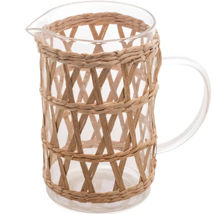 Jarra de Vidro Wolff 1L Fibra Natural e Alça Água Suco Drinks Pequena Decorada Mesa