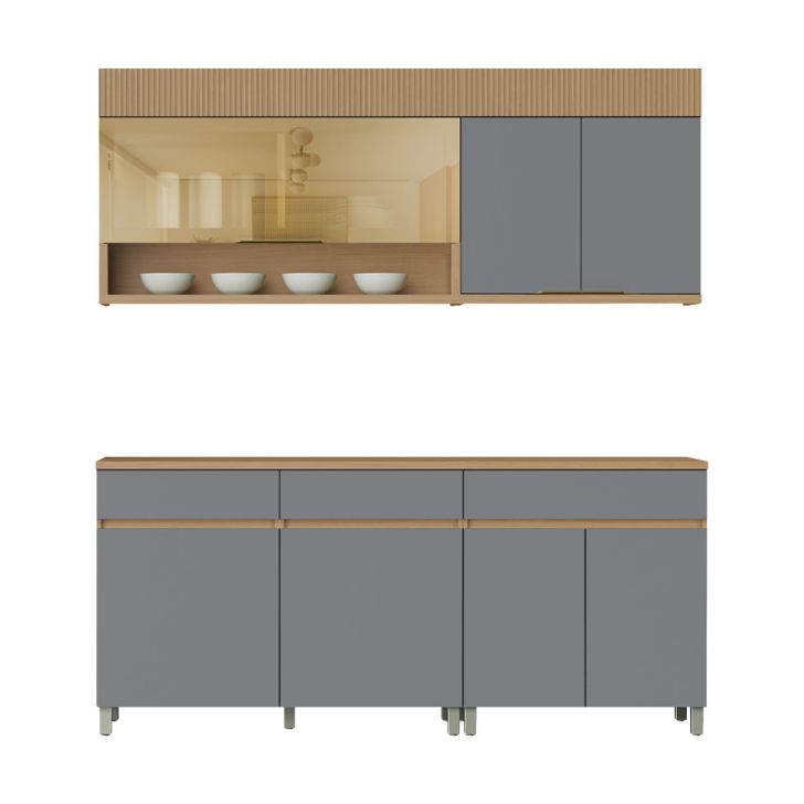 Cozinha Compacta 100% MDF com Vidro Reflecta Realeza Premium 7 Portas 3 Gavetas Titânio e Carvalho