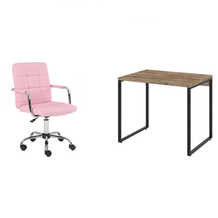 Conjunto de Mesa Kuadra Carvalho com Cadeira de Escritório Secretária Giratória Fitz Rosa