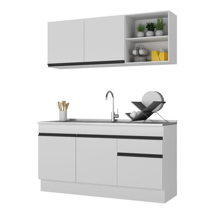 Armário de Cozinha Compacta 150cm com Rodapé Veneza Multimóveis V2114 Branco/Preto