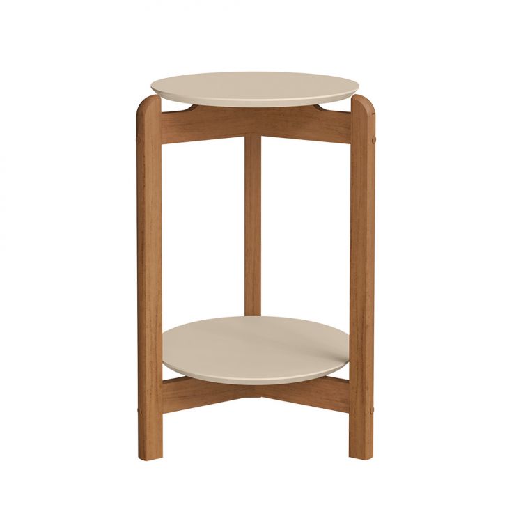 Mesa Lateral Redonda Lizz Off White e Cedro