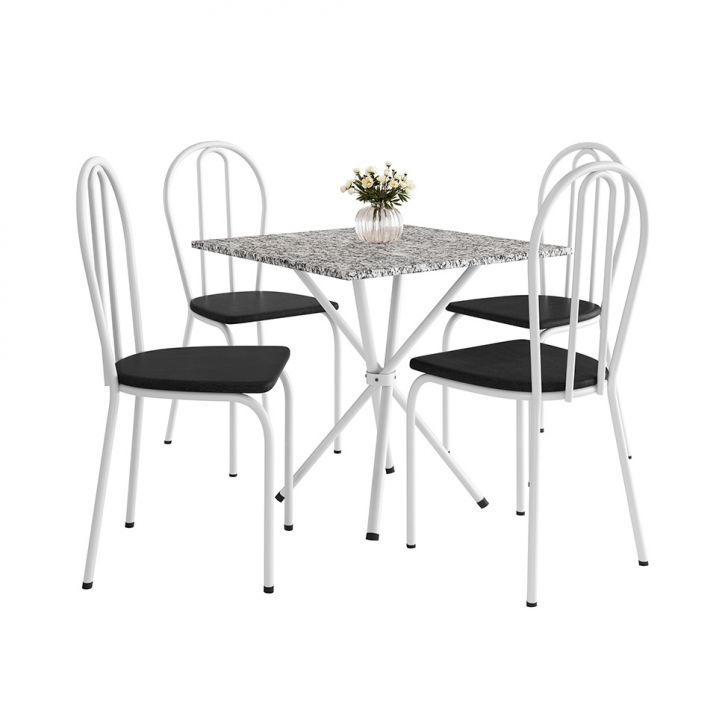 Conjunto de Mesa Quadrada com Tampo Granito e 4 Cadeiras Léia Revestimento Sintético Branco e Preto
