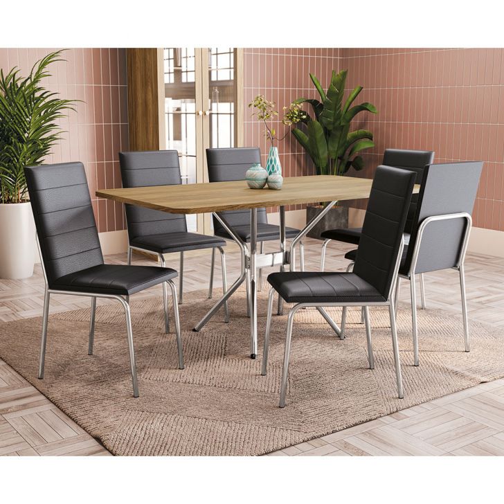Image of Conjunto De Mesa Retangular Com Tampo Marrom E 6 Cadeiras Mariel Revestimento Sintético Preto E Cromado PLA-MO895TA11KCIMOB