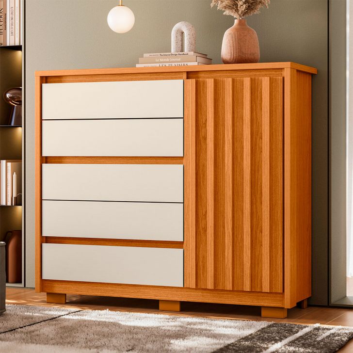 Cômoda Duetto 1 Porta 5 Gavetas Cinamomo e Off White