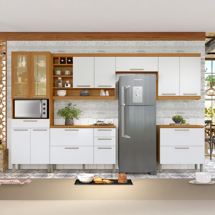 Cozinha Compacta Burguesa Premium com Vidro Reflecta 12 Portas 5 Gavetas Freijó e Branca