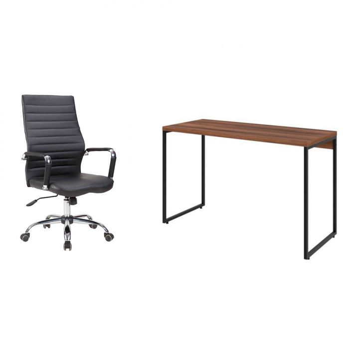 Conjunto de Mesa Studio Nogal 120 cm com Cadeira de Escritório Diretor Giratória Cleaner Preta