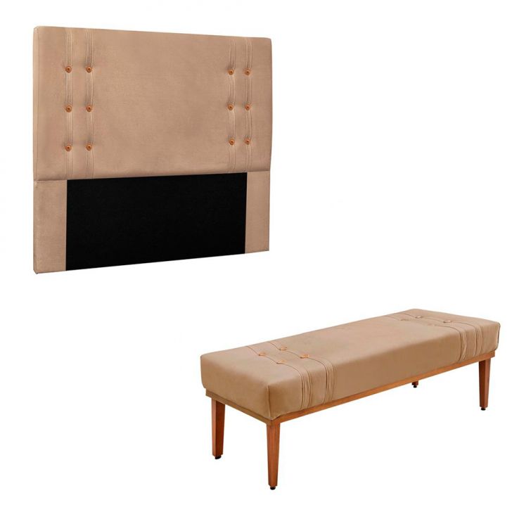 Conjunto de Cabeceira Casal com Recamier Gênova Suede Bege