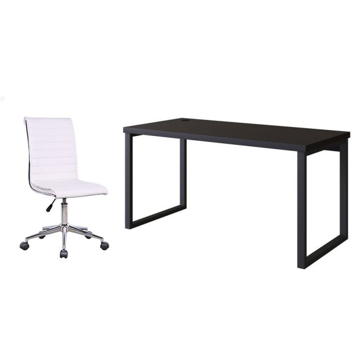 Conjunto de Mesa Miguel Preta 150 cm com Cadeira de Escritório Secretária Giratória Marilyn Branca