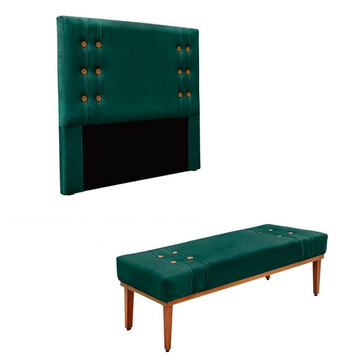 Conjunto de Cabeceira Solteiro com Recamier Gênova Veludo Verde