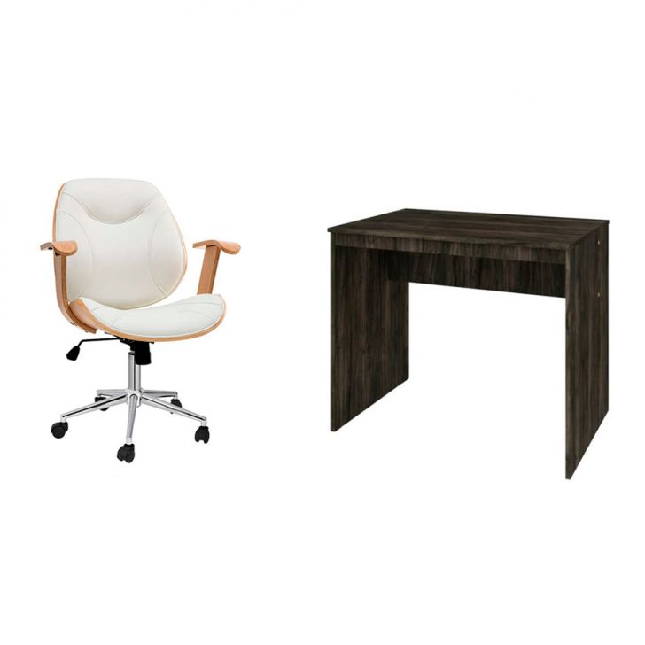 Conjunto de Mesa Office Carvalho Dark com Cadeira de Escritório Diretor Giratória Antonella Branca