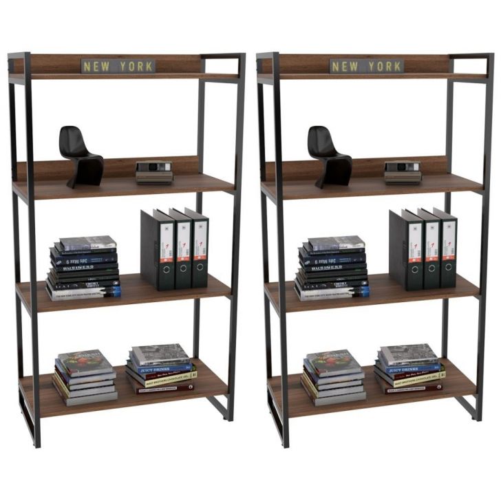 Kit 2 Estantes Livreiro Multiuso Prisma Estilo Industrial 80cm 4 Prateleiras C08 Nogal - Mpozenato