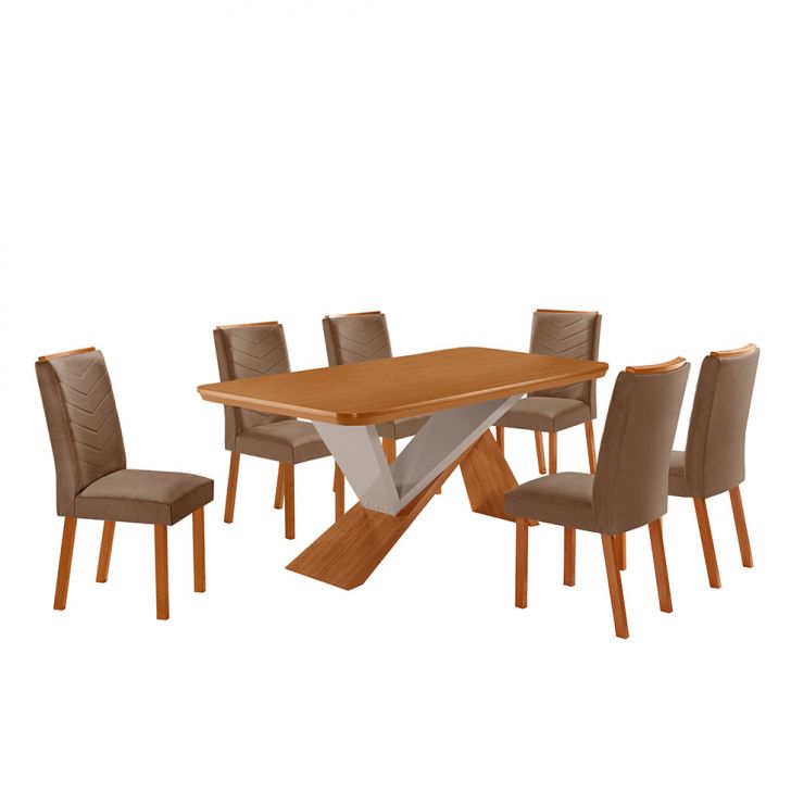 Conjunto De Mesa Retangular Com Tampo Mdf Ayla E 6 Cadeiras Turquesa Veludo Capuccino E Amadeirado 180 Cm